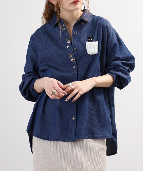 Quelle Chance(ケルシャンス)の「多釦 キャットシャツ 長袖(シャツ/ブラウス・レディース・ブルー/ネイビー・M/L)」の3枚目の写真
