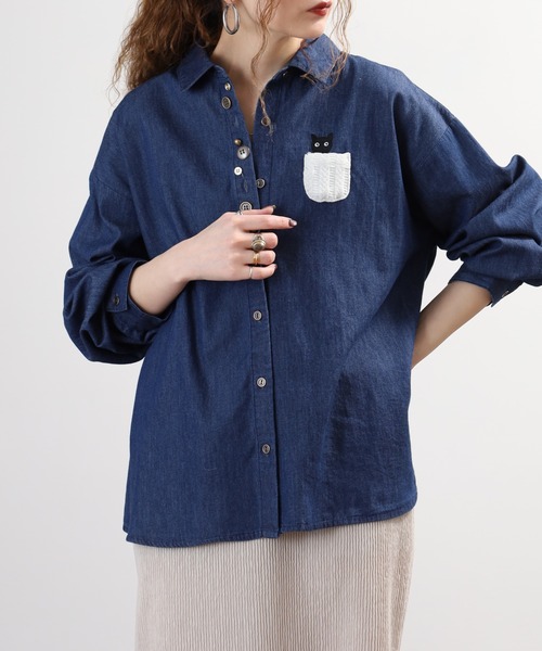 Quelle Chance(ケルシャンス)の「多釦 キャットシャツ 長袖(シャツ/ブラウス・レディース・ブルー/ネイビー・M/L)」の4枚目の写真