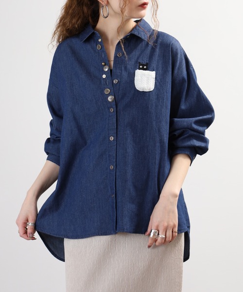 Quelle Chance(ケルシャンス)の「多釦 キャットシャツ 長袖(シャツ/ブラウス・レディース・ブルー/ネイビー・M/L)」の5枚目の写真