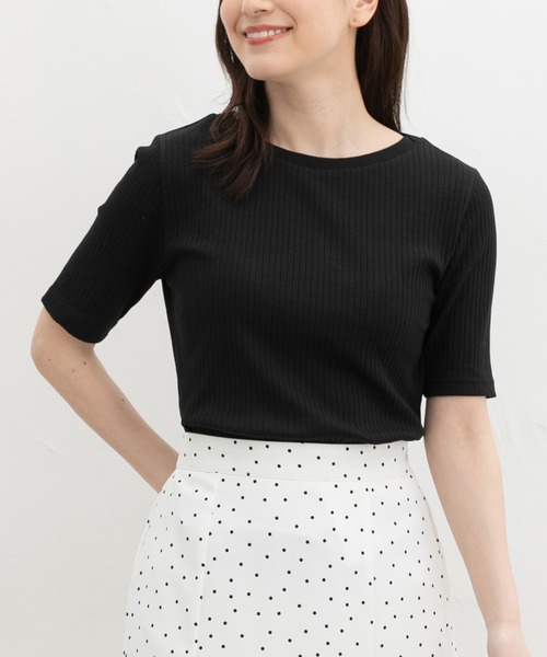 Honeys（ハニーズ）の「【ＵＶカット】半袖ボートネックＴシャツ（Tシャツ/カットソー・レディース・ネイビー/ベージュ/モカ/ブラック/ブルーグリーン/オフホワイト・L/LL/S/M）」の3枚目の写真