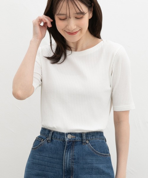 Honeys（ハニーズ）の「【ＵＶカット】半袖ボートネックＴシャツ（Tシャツ/カットソー・レディース・ネイビー/ベージュ/モカ/ブラック/ブルーグリーン/オフホワイト・L/LL/S/M）」の9枚目の写真