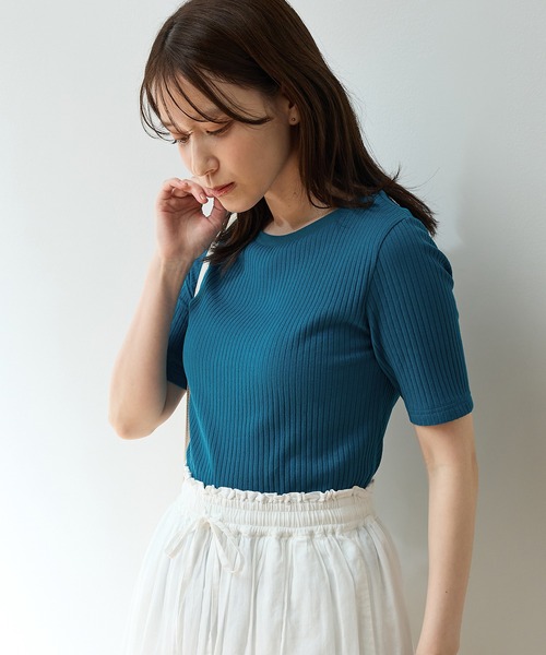 Honeys（ハニーズ）の「【ＵＶカット】半袖ボートネックＴシャツ（Tシャツ/カットソー・レディース・ネイビー/ベージュ/モカ/ブラック/ブルーグリーン/オフホワイト・L/LL/S/M）」の18枚目の写真