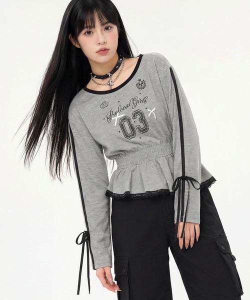 HOOK(フック)の「HOOK for girls リボン×ナンバーーリングロゴ ロンT(Tシャツ/カットソー・レディース・グレー/ブラック/ホワイト・M)」の1枚目の写真