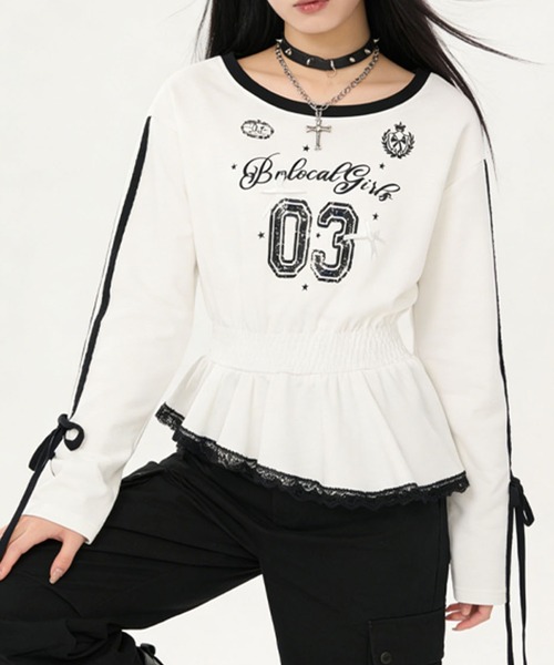 HOOK(フック)の「HOOK for girls リボン×ナンバーーリングロゴ ロンT(Tシャツ/カットソー・レディース・グレー/ブラック/ホワイト・M)」の2枚目の写真