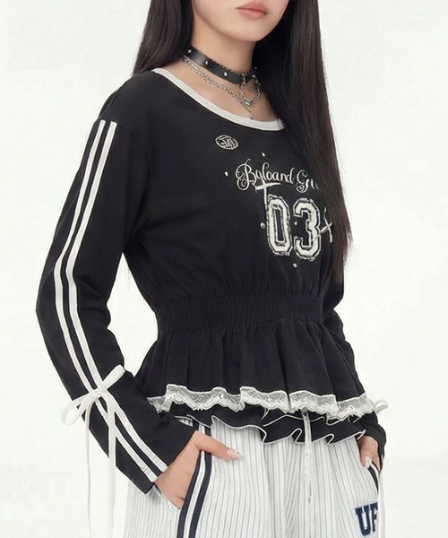 HOOK(フック)の「HOOK for girls リボン×ナンバーーリングロゴ ロンT(Tシャツ/カットソー・レディース・グレー/ブラック/ホワイト・M)」の3枚目の写真