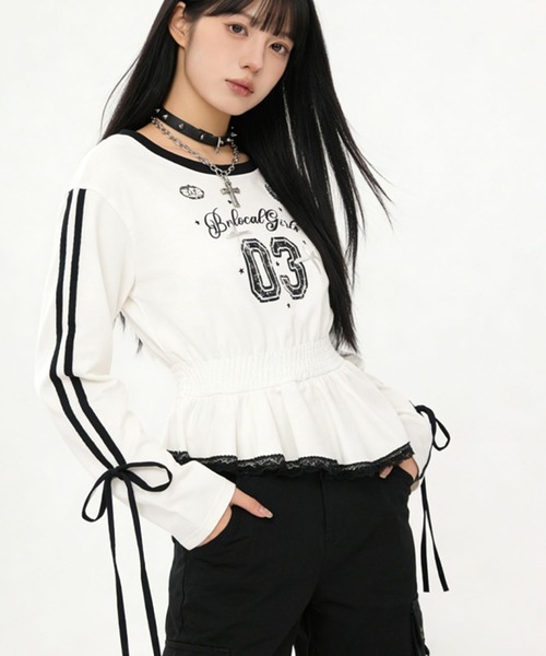 HOOK(フック)の「HOOK for girls リボン×ナンバーーリングロゴ ロンT(Tシャツ/カットソー・レディース・グレー/ブラック/ホワイト・M)」の12枚目の写真