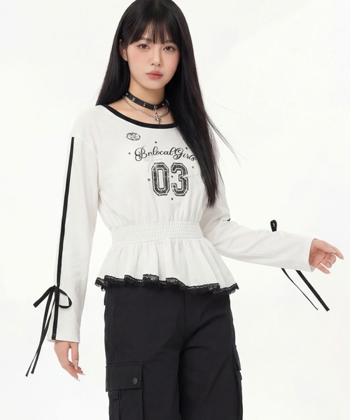 HOOK(フック)の「HOOK for girls リボン×ナンバーーリングロゴ ロンT(Tシャツ/カットソー・レディース・グレー/ブラック/ホワイト・M)」の11枚目の写真
