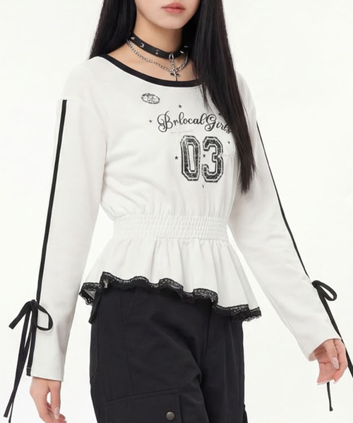 HOOK(フック)の「HOOK for girls リボン×ナンバーーリングロゴ ロンT(Tシャツ/カットソー・レディース・グレー/ブラック/ホワイト・M)」の13枚目の写真