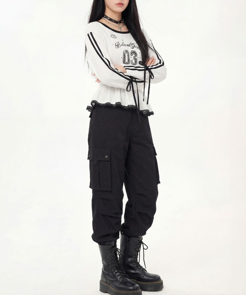 HOOK(フック)の「HOOK for girls リボン×ナンバーーリングロゴ ロンT(Tシャツ/カットソー・レディース・グレー/ブラック/ホワイト・M)」の7枚目の写真