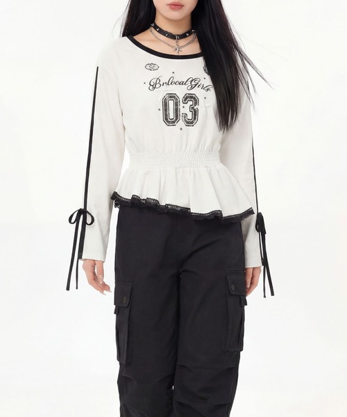 HOOK(フック)の「HOOK for girls リボン×ナンバーーリングロゴ ロンT(Tシャツ/カットソー・レディース・グレー/ブラック/ホワイト・M)」の9枚目の写真