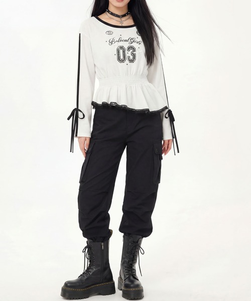 HOOK(フック)の「HOOK for girls リボン×ナンバーーリングロゴ ロンT(Tシャツ/カットソー・レディース・グレー/ブラック/ホワイト・M)」の8枚目の写真