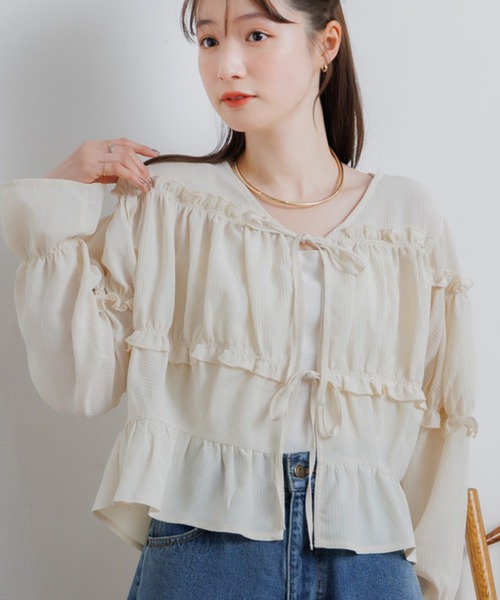 パステルブルー フリルブラウス 半袖 リボン柄 ガーリー レトロ 古着 パステルブルー フリルブラウス 半袖 リボン柄 ガーリー レトロ 古着