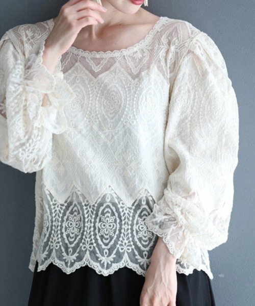 mielu（ミエル）の「総レース長袖トップス（Tシャツ/カットソー・レディース・ベージュ/ホワイト・MEDIUM/LARGE）」の3枚目の写真