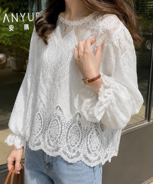 mielu（ミエル）の「総レース長袖トップス（Tシャツ/カットソー・レディース・ベージュ/ホワイト・MEDIUM/LARGE）」の12枚目の写真