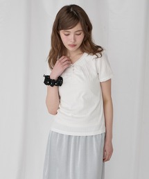【Unblend】配色レース ヘンリーネック半袖Tシャツ