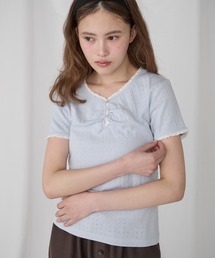 【Unblend】配色レース ヘンリーネック半袖Tシャツ