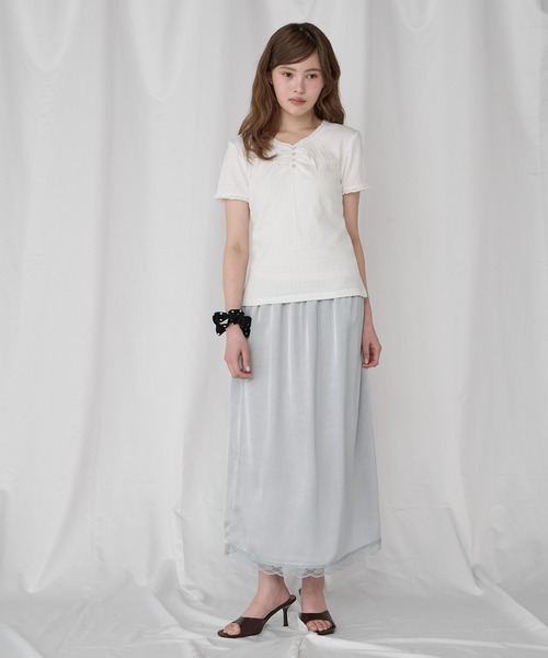 Unblend(アンブレンド)の「【Unblend】配色レース ヘンリーネック半袖Tシャツ(Tシャツ/カットソー・レディース・ブラック/ライトブルー/ピンク/杢グレー/オフホワイト・FREE)」の20枚目の写真