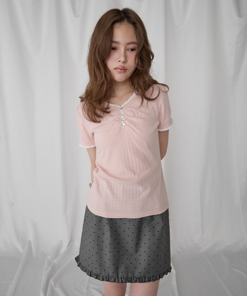 Unblend（アンブレンド）の「【Unblend】配色レース ヘンリーネック半袖Tシャツ（Tシャツ/カットソー・レディース・ブラック/ライトブルー/ピンク/杢グレー/オフホワイト・FREE）」の13枚目の写真