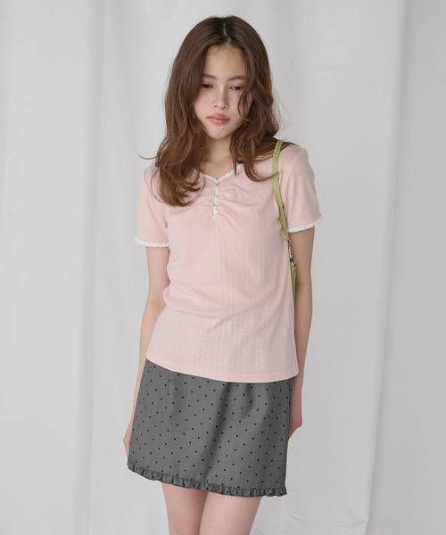 Unblend（アンブレンド）の「【Unblend】配色レース ヘンリーネック半袖Tシャツ（Tシャツ/カットソー・レディース・ブラック/ライトブルー/ピンク/杢グレー/オフホワイト・FREE）」の14枚目の写真