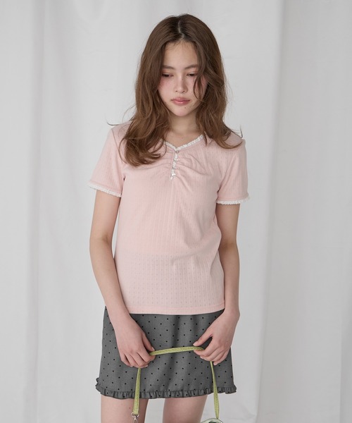 Unblend（アンブレンド）の「【Unblend】配色レース ヘンリーネック半袖Tシャツ（Tシャツ/カットソー・レディース・ブラック/ライトブルー/ピンク/杢グレー/オフホワイト・FREE）」の15枚目の写真