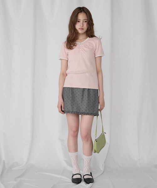 Unblend（アンブレンド）の「【Unblend】配色レース ヘンリーネック半袖Tシャツ（Tシャツ/カットソー・レディース・ブラック/ライトブルー/ピンク/杢グレー/オフホワイト・FREE）」の19枚目の写真