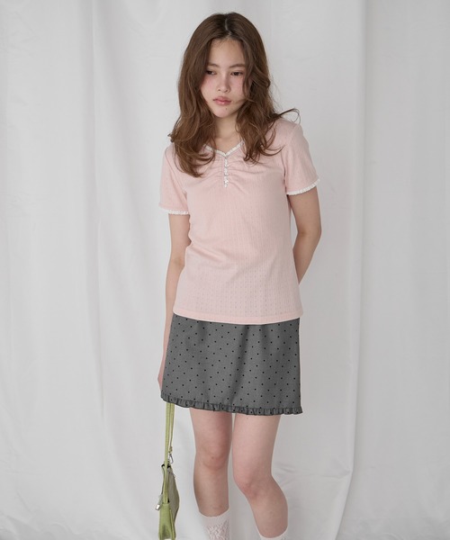 Unblend（アンブレンド）の「【Unblend】配色レース ヘンリーネック半袖Tシャツ（Tシャツ/カットソー・レディース・ブラック/ライトブルー/ピンク/杢グレー/オフホワイト・FREE）」の21枚目の写真