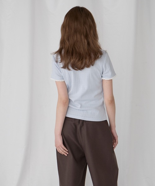 Unblend(アンブレンド)の「【Unblend】配色レース ヘンリーネック半袖Tシャツ(Tシャツ/カットソー・レディース・ブラック/ライトブルー/ピンク/杢グレー/オフホワイト・FREE)」の7枚目の写真