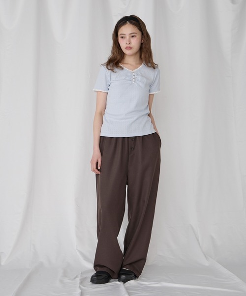 Unblend(アンブレンド)の「【Unblend】配色レース ヘンリーネック半袖Tシャツ(Tシャツ/カットソー・レディース・ブラック/ライトブルー/ピンク/杢グレー/オフホワイト・FREE)」の9枚目の写真