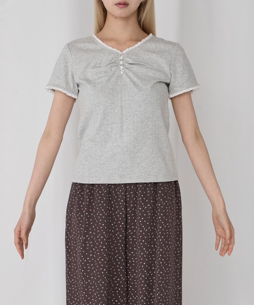 Unblend（アンブレンド）の「【Unblend】配色レース ヘンリーネック半袖Tシャツ（Tシャツ/カットソー・レディース・ブラック/ライトブルー/ピンク/杢グレー/オフホワイト・FREE）」の22枚目の写真