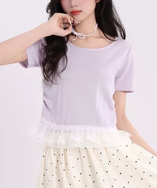 Alvia（アルビア）の「サイドギャザーレースニットトップス（ニット/セーター・レディース・ブラック/ラベンダー・M）」の8枚目の写真
