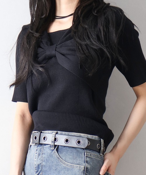 SpRay（スプレイ）の「リボンディティールトップス（Tシャツ/カットソー・レディース・ラベンダー/ネイビー/オフホワイト/ブラック・FREE）」の3枚目の写真