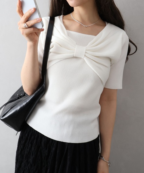 SpRay（スプレイ）の「リボンディティールトップス（Tシャツ/カットソー・レディース・ラベンダー/ネイビー/オフホワイト/ブラック・FREE）」の6枚目の写真
