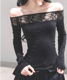 leune（ルネ）の「パット付きレース切替オフショルドットトップス（Tシャツ/カットソー）」