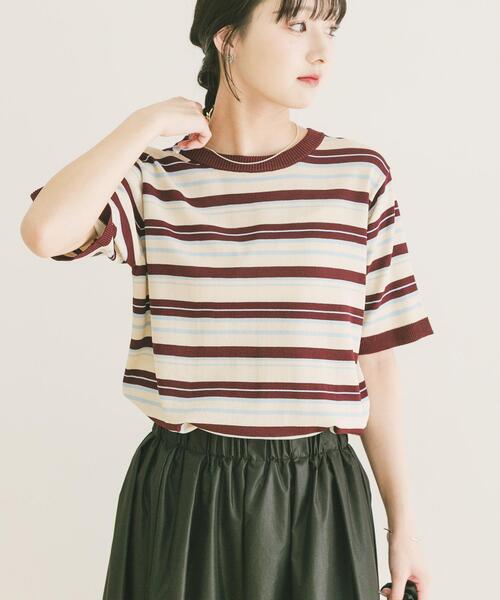 ITEMS URBANRESEARCH(アイテムズ アーバンリサーチ)の「マルチボーダー半袖ニット(ニット/セーター・レディース・ブラウン/ネイビー/ホワイト・FREE)」の1枚目の写真