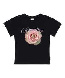 ピンクリアルローズプリントスリムフィット半袖Tシャツブラック