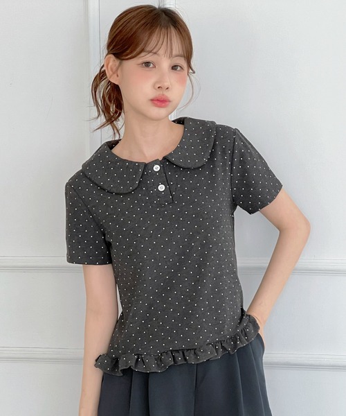 by muni:r(バイ ムニール)の「ドットカラーフリル半袖Tシャツ(Tシャツ/カットソー・レディース・チャコール/グレー/ホワイト・FREE)」の3枚目の写真