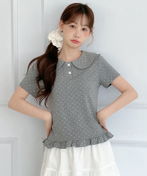 by muni:r(バイ ムニール)の「ドットカラーフリル半袖Tシャツ(Tシャツ/カットソー・レディース・チャコール/グレー/ホワイト・FREE)」の20枚目の写真