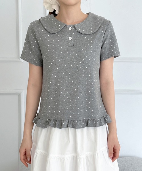 by muni:r(バイ ムニール)の「ドットカラーフリル半袖Tシャツ(Tシャツ/カットソー・レディース・チャコール/グレー/ホワイト・FREE)」の6枚目の写真