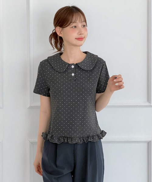 by muni:r(バイ ムニール)の「ドットカラーフリル半袖Tシャツ(Tシャツ/カットソー・レディース・チャコール/グレー/ホワイト・FREE)」の18枚目の写真
