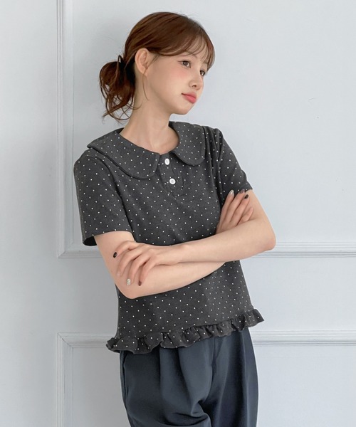 by muni:r(バイ ムニール)の「ドットカラーフリル半袖Tシャツ(Tシャツ/カットソー・レディース・チャコール/グレー/ホワイト・FREE)」の17枚目の写真