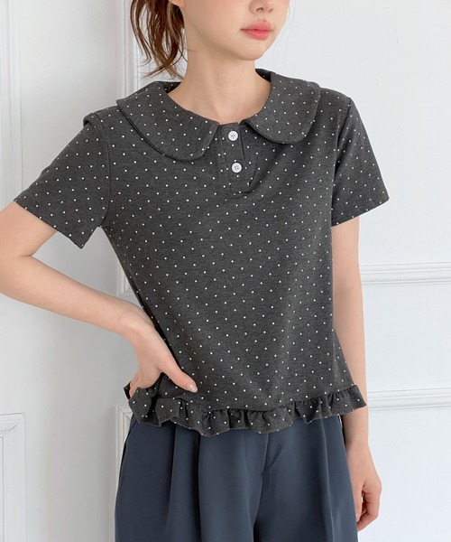 by muni:r(バイ ムニール)の「ドットカラーフリル半袖Tシャツ(Tシャツ/カットソー・レディース・チャコール/グレー/ホワイト・FREE)」の16枚目の写真