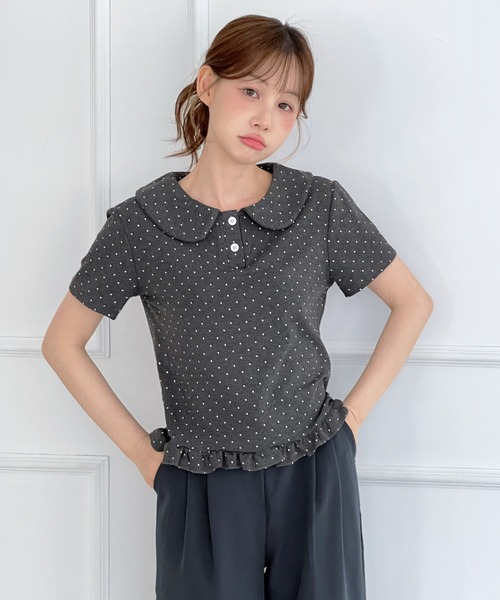 by muni:r(バイ ムニール)の「ドットカラーフリル半袖Tシャツ(Tシャツ/カットソー・レディース・チャコール/グレー/ホワイト・FREE)」の13枚目の写真