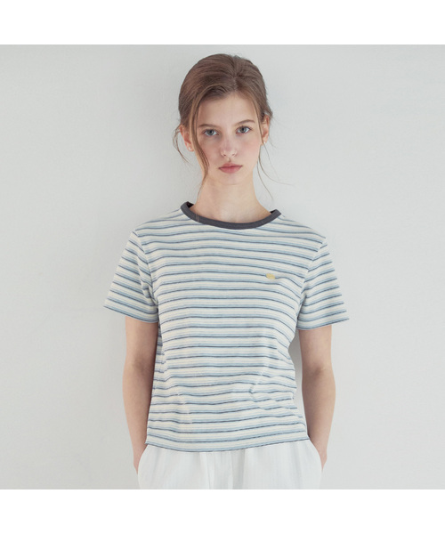 NONLOCAL(ノンローカル)の「マルチストライプリブTシャツ - ブルーマルチ(Tシャツ/カットソー・レディース・ブルー・FREE)」の1枚目の写真