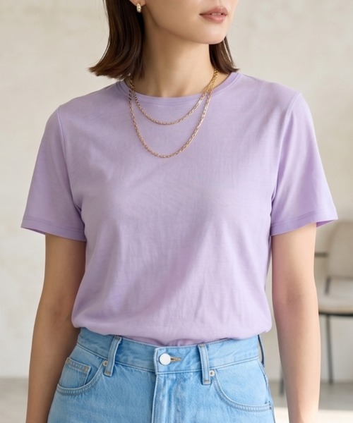 Belta attrice(ベルタアトリーチェ)の「【接触冷感】ハイツイストコットン フライス編み クルーネック Tシャツ 薄手インナー/半袖(Tシャツ/カットソー・レディース・ホワイト/グレー/カーキ/ブルー/ダークネイビー/ラベンダー/イエロー/スモークピンク/ダークオレンジ/ブラック・FREE)」の7枚目の写真