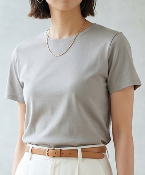Belta attrice(ベルタアトリーチェ)の「【接触冷感】ハイツイストコットン フライス編み クルーネック Tシャツ 薄手インナー/半袖(Tシャツ/カットソー・レディース・ホワイト/グレー/カーキ/ブルー/ダークネイビー/ラベンダー/イエロー/スモークピンク/ダークオレンジ/ブラック・FREE)」の4枚目の写真