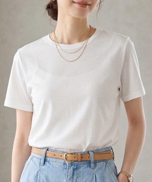 Belta attrice(ベルタアトリーチェ)の「【接触冷感】ハイツイストコットン フライス編み クルーネック Tシャツ 薄手インナー/半袖(Tシャツ/カットソー・レディース・ホワイト/グレー/カーキ/ブルー/ダークネイビー/ラベンダー/イエロー/スモークピンク/ダークオレンジ/ブラック・FREE)」の2枚目の写真
