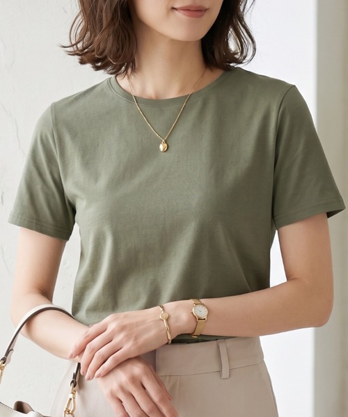 Belta attrice(ベルタアトリーチェ)の「【接触冷感】ハイツイストコットン フライス編み クルーネック Tシャツ 薄手インナー/半袖(Tシャツ/カットソー・レディース・ホワイト/グレー/カーキ/ブルー/ダークネイビー/ラベンダー/イエロー/スモークピンク/ダークオレンジ/ブラック・FREE)」の5枚目の写真