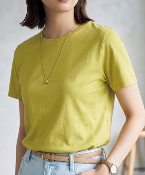 Belta attrice(ベルタアトリーチェ)の「【接触冷感】ハイツイストコットン フライス編み クルーネック Tシャツ 薄手インナー/半袖(Tシャツ/カットソー・レディース・ホワイト/グレー/カーキ/ブルー/ダークネイビー/ラベンダー/イエロー/スモークピンク/ダークオレンジ/ブラック・FREE)」の8枚目の写真