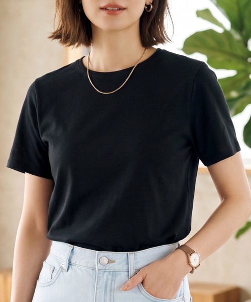Belta attrice(ベルタアトリーチェ)の「【接触冷感】ハイツイストコットン フライス編み クルーネック Tシャツ 薄手インナー/半袖(Tシャツ/カットソー・レディース・ホワイト/グレー/カーキ/ブルー/ダークネイビー/ラベンダー/イエロー/スモークピンク/ダークオレンジ/ブラック・FREE)」の3枚目の写真