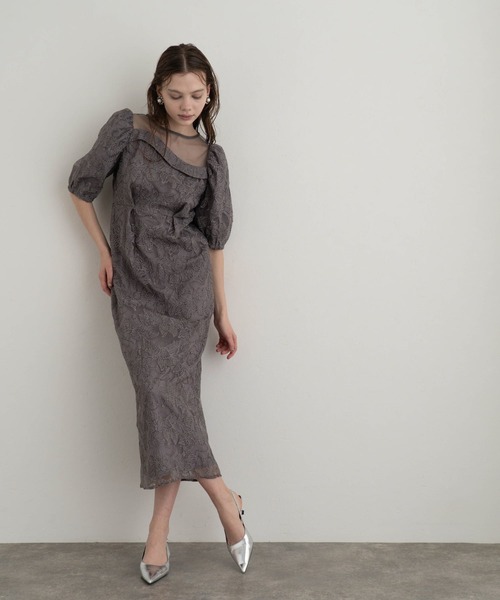 atlo(アトロ)の「ミモレ丈&袖あり フォーマル チュール スリット オフショルダー風 セレモニー 結婚式二次会 パーティードレス オケージョンドレス お呼ばれ 同窓会成人式(ドレス・レディース・グレー/ブラック/グリーン・M/S/L)」の15枚目の写真